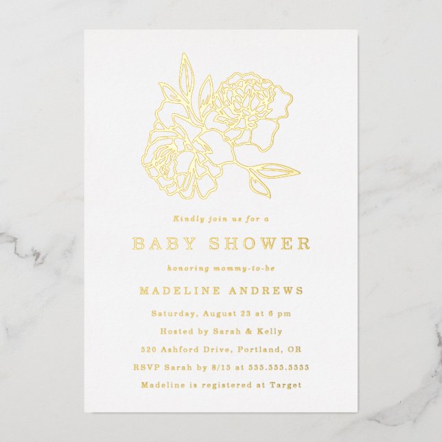 Modern Gold Floral Baby Shower Foil Invitation (Front)