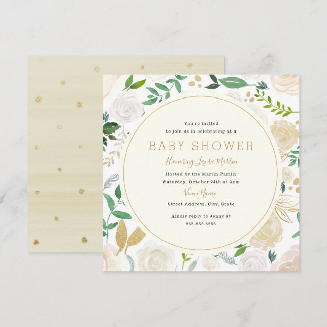 Modern Gold Floral Baby Shower Invitation (Front/Back)