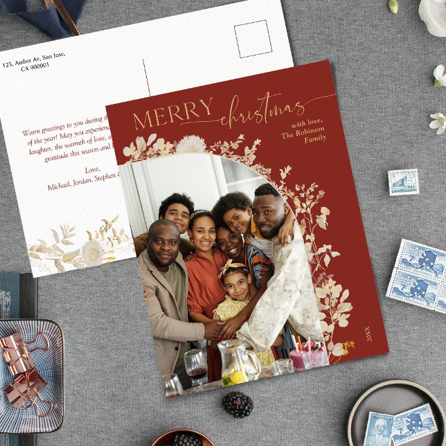 Modern Gold Floral Classic Red Christmas Postcard  (Creator Uploaded)