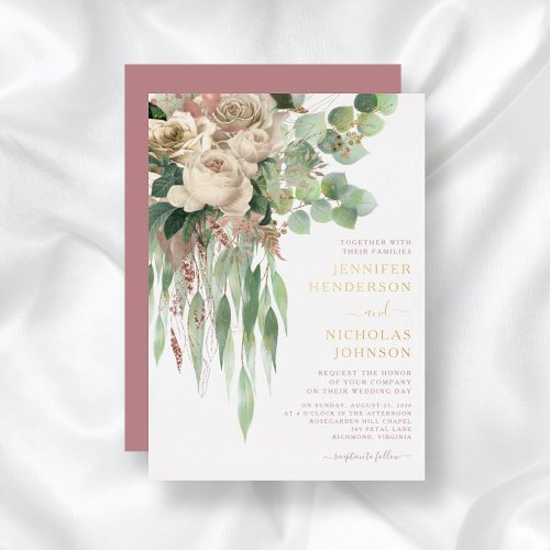 Modern Gold Floral Dusty Rose Wedding Foil Invitation