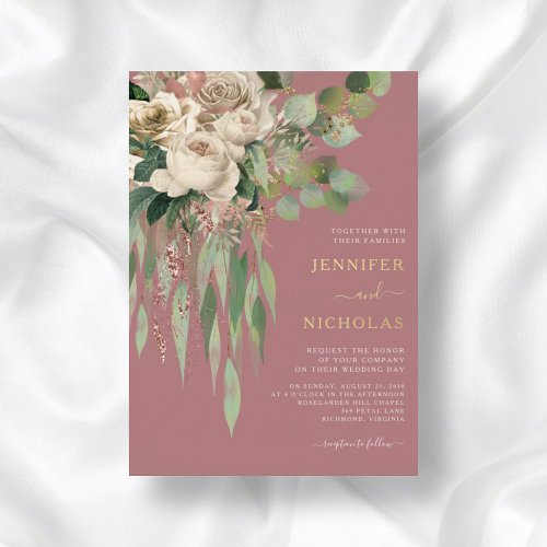 Modern Gold Floral Dusty Rose Wedding Foil Invitation