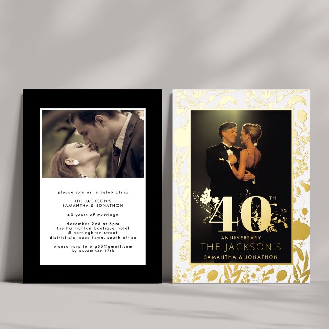 Modern Gold Floral Formal 40th Wedding Anniversary Foil Invitation (Creator Uploaded)