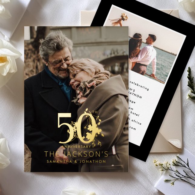 Modern Gold Floral Formal 50th Wedding Anniversary Foil Invitation (Creator Uploaded)