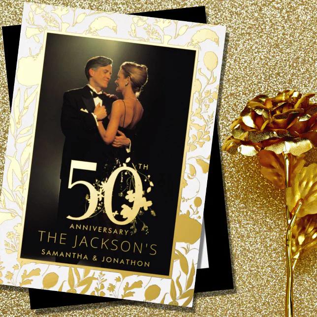 Modern Gold Floral Formal 50th Wedding Anniversary Foil Invitation | Zazzle