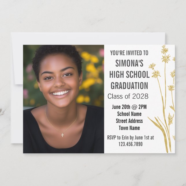 Modern Gold Floral Girl's Photo High School   Invitation (Front)