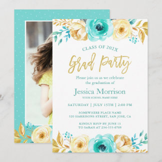 Modern Gold Floral Girly Graduation Party Photo Invitation