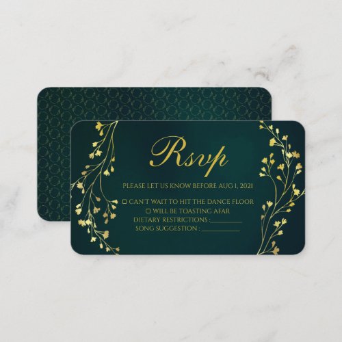 Modern Gold Floral Green Wedding Rsvp Card