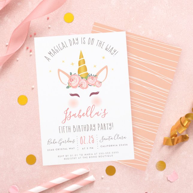 Modern Gold Floral Magical Unicorn Birthday Party Invitation