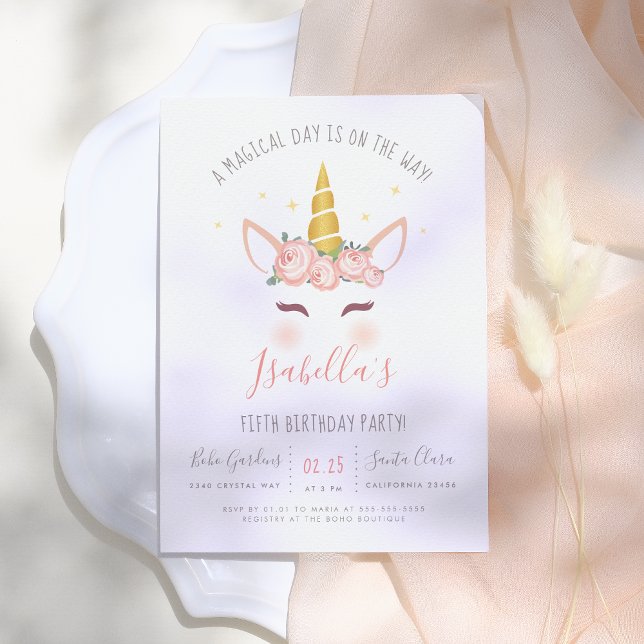 Modern Gold Floral Magical Unicorn Birthday Party Invitation (Creator Uploaded)