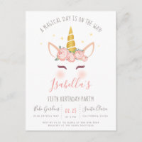 Modern Gold Floral Magical Unicorn Birthday Party Invitation Postcard