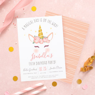Modern Gold Floral Magical Unicorn Birthday Party Invitation Postcard