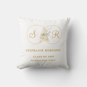 Modern Gold Floral Monogram Graduation Throw Pillow