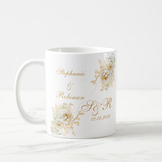 Modern Gold Floral Monogram Logo Wedding  Coffee Mug (Left)
