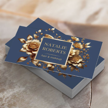 Modern Gold Floral Navy Blue Beauty Salon & Spa Business Card by cardfactory at Zazzle