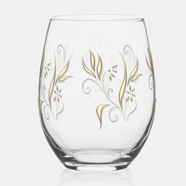 Modern Gold Floral Stemless Wine Glass (Elegant modern floral design.)