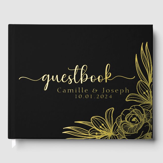 Modern Gold Floral wedding guestbook (Front)