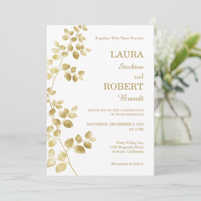 Modern Gold Floral Wedding Invitation (Standing Front)