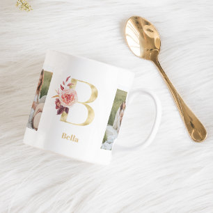 Modern Gold Flower Letter B Two Photo Monogram Coffee Mug