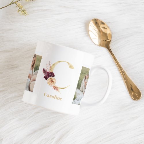 Modern Gold Flower Letter C  Two Photo Monogram  Coffee Mug