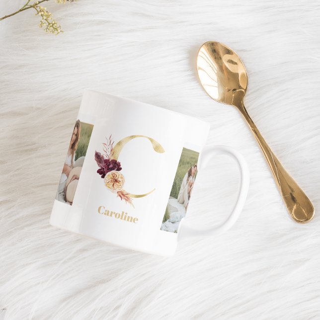 Modern Gold Flower Letter C | Two Photo Monogram  Coffee Mug (Creator Uploaded)