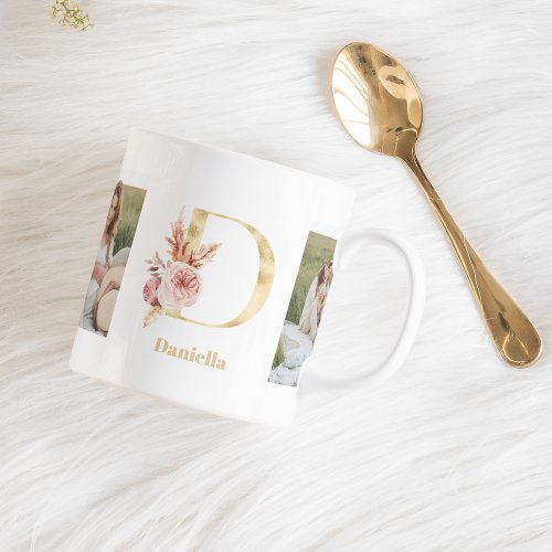 Modern Gold Flower Letter D   Two Photo Monogram  Coffee Mug