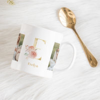 Modern Gold Flower Letter E | Two Photo Monogram