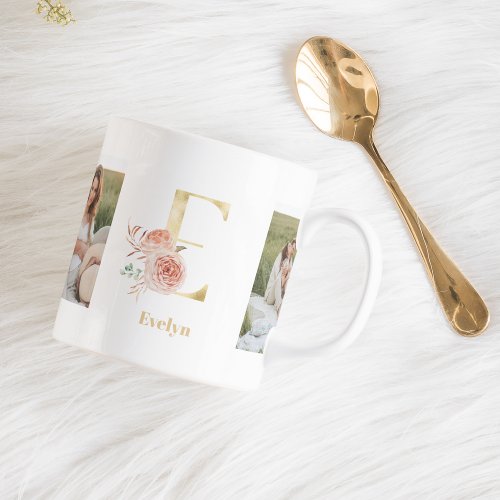 Modern Gold Flower Letter E  Two Photo Monogram Coffee Mug