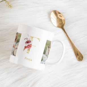 Modern Gold Flower Letter F Two Photo Monogram Coffee Mug