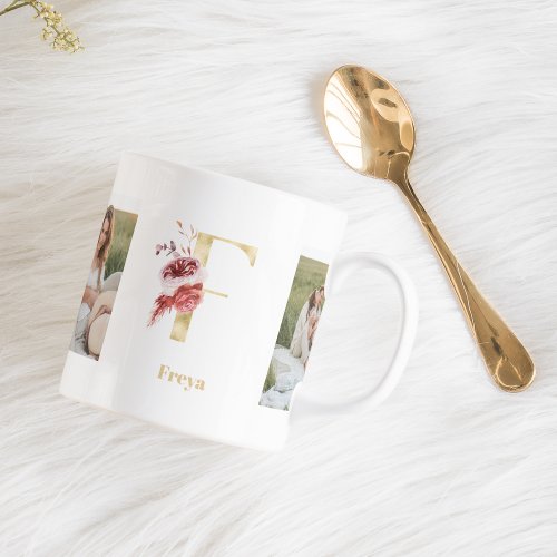 Modern Gold Flower Letter F  Two Photo Monogram Coffee Mug