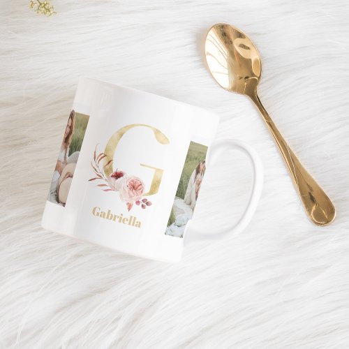 Modern Gold Flower Letter G  Two Photo Monogram Coffee Mug