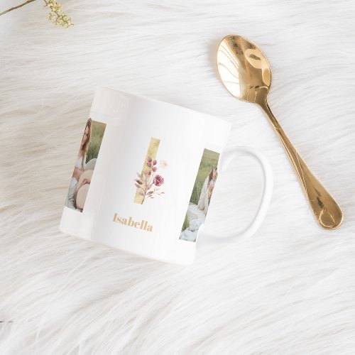 Modern Gold Flower Letter I  Two Photo Monogram  Coffee Mug