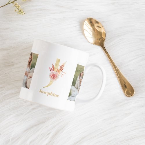 Modern Gold Flower Letter J  Two Photo Monogram Coffee Mug