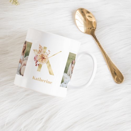 Modern Gold Flower Letter K  Two Photo Monogram Coffee Mug