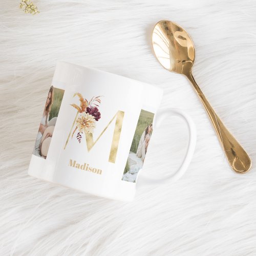 Modern Gold Flower Letter M  Two Photo Monogram Coffee Mug