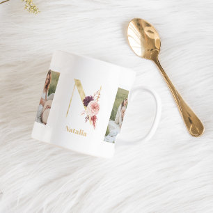 Modern Gold Flower Letter N Two Photo Monogram Coffee Mug