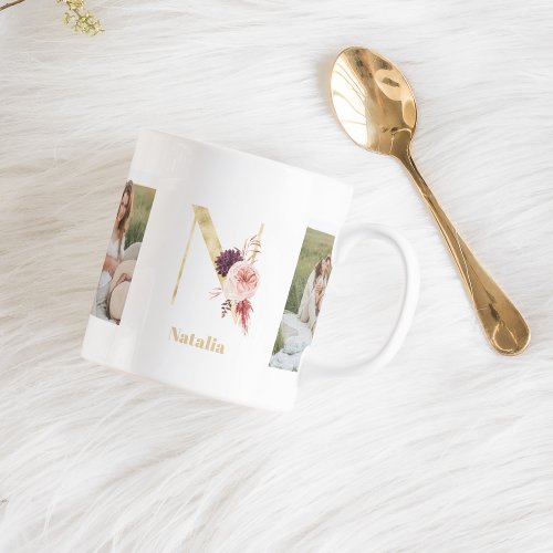 Modern Gold Flower Letter N  Two Photo Monogram Coffee Mug