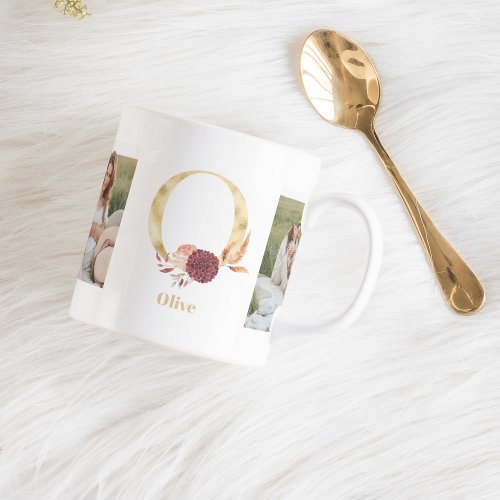 Modern Gold Flower Letter O  Two Photo Monogram Coffee Mug