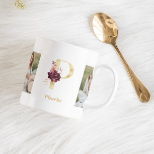 Modern Gold Flower Letter P Two Photo Monogram Coffee Mug