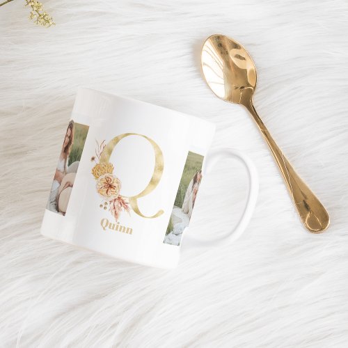 Modern Gold Flower  Letter Q  Two Photo Monogram Coffee Mug