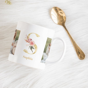 Modern Gold Flower Letter S Two Photo Monogram Coffee Mug