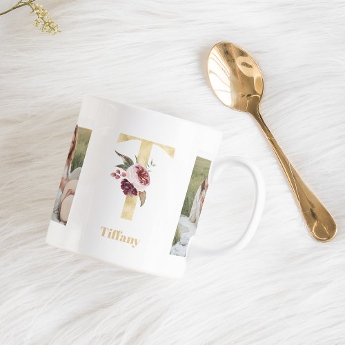 Modern Gold Flower Letter T  Two Photo Monogram Coffee Mug