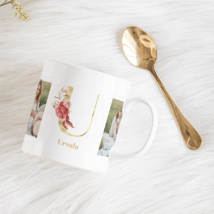 Modern Gold Flower Letter U Two Photo Monogram Coffee Mug