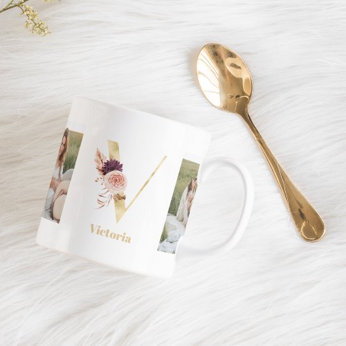 Modern Gold Flower Letter V  Two Photo Monogram  Coffee Mug