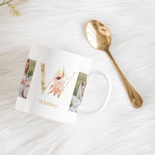 Modern Gold Flower Letter W   Two Photo Monogram  Coffee Mug