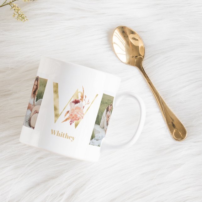 Modern Gold Flower Letter W  | Two Photo Monogram  Coffee Mug (Creator Uploaded)