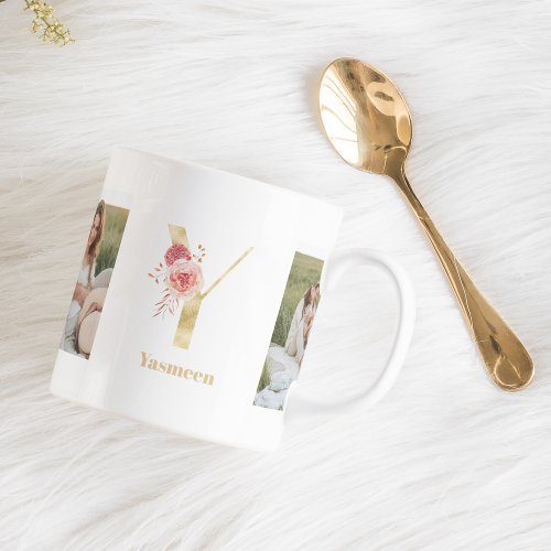 Modern Gold Flower Letter Y  Two Photo Monogram Coffee Mug