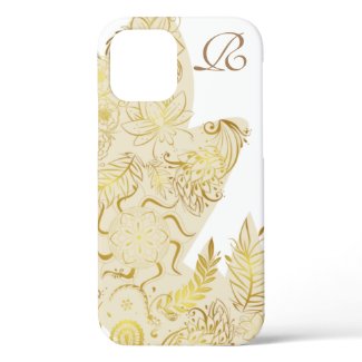 Modern Gold Flowers and Monogram iPhone 12 Case