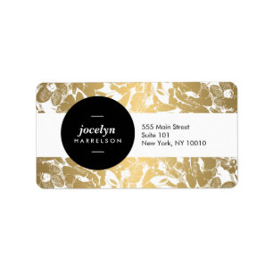 Modern Gold Flowers Black Circle Address Label