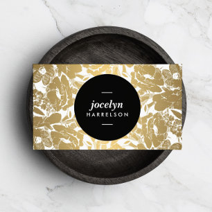 Modern Gold Flowers Black Circle Business Card