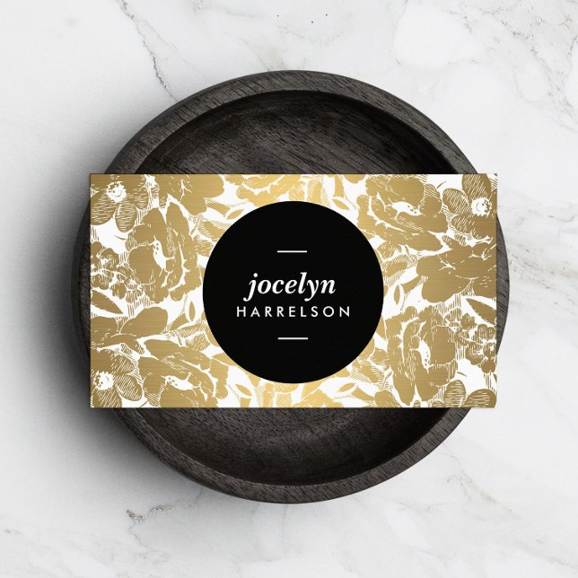 Modern Gold Flowers Black Circle Business Card (Creator Uploaded)